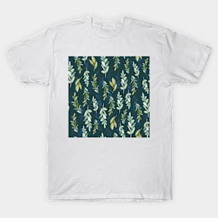 Watercolor Foliage Leaves Pattern Dark Background T-Shirt